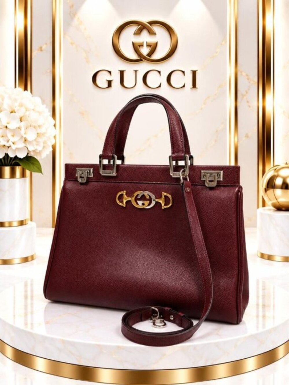 Authentic Gucci Horsebit 1955 Burgundy Leather Top Handle Tote Shoulder Bag